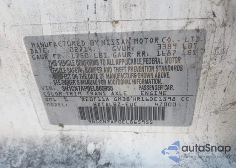 2014 Nissan Versa 1.6 Sv z USA, uszkodzony, nr VIN 3N1CN7AP0EL865955